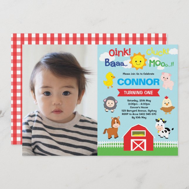 Farm Animals Birthday Barnyard Petting Zoo Photo Invitation (Front/Back)