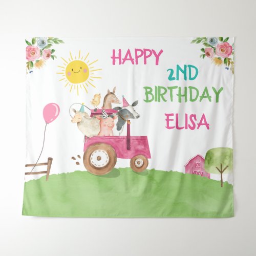 Farm Animals Birthday Barnyard Pink Girl Banner Tapestry