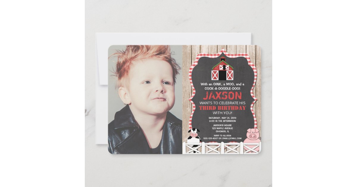 Farm animals birthday boy red black photo invitation | Zazzle