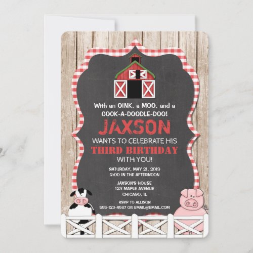 Farm animals birthday invitation boy red black