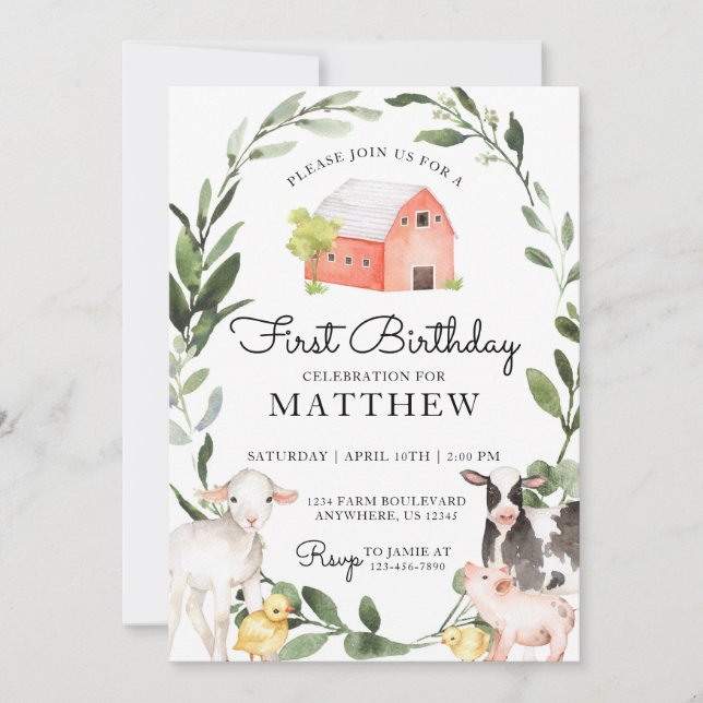 Farm Animals Birthday Invitation for a Boy (Front)