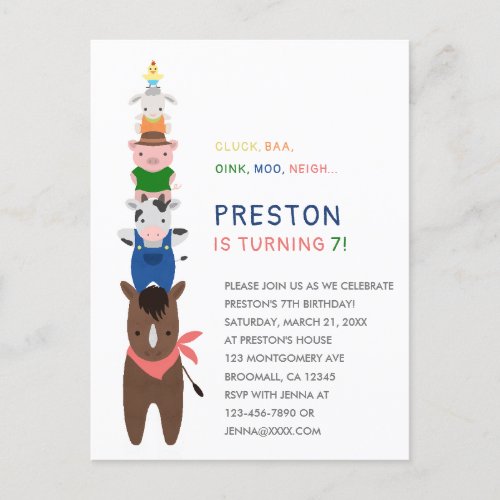 Farm Animals Birthday Party Invitation Postcard