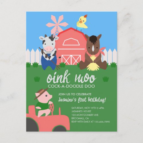 Farm Animals Birthday Party Invitation Postcard