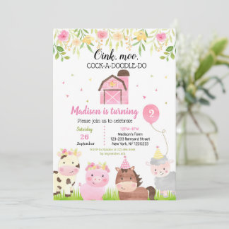 Farm Animals Birthday Party Invitations Girl