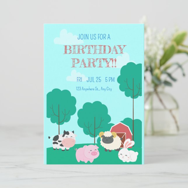 Farm Animals Birthday Party, Modern Farm Animals  Invitation (Standing Front)