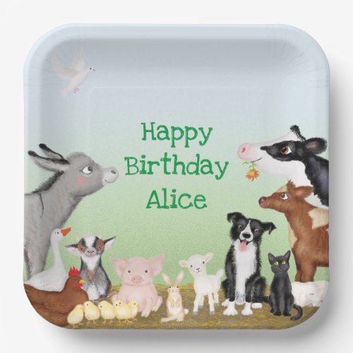 Farm animals birthday party square paper plate