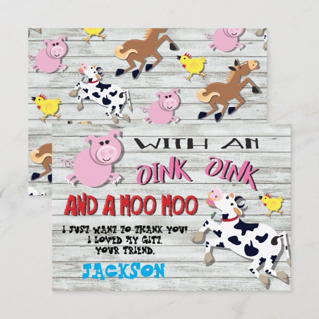 Farm Animals Birthday Party Thank you note Invitation (Front/Back)