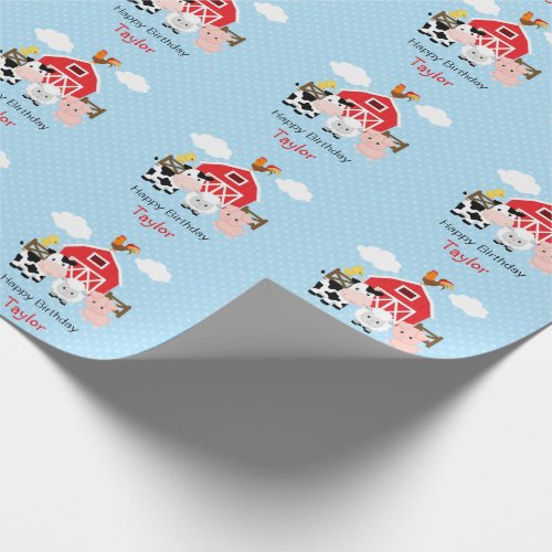 Farm Animals Blue Boy Birthday Personalized Wrapping Paper