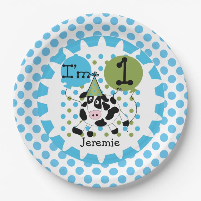 Farm Animals Blue Cow 1st Birthday Paper Plates (Front)