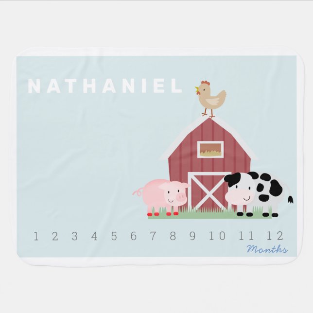 Farm Animals Blue Monthly Milestone baby blanket (Horizontal)