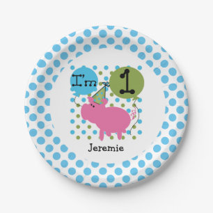 Farm Animals Blue Pig 1st Birthday Paper Plates