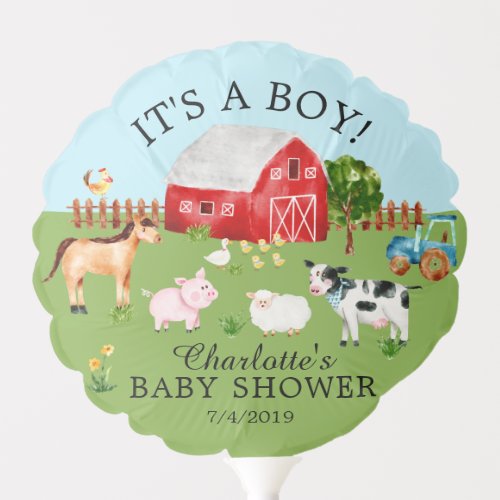 Farm Animals Boy Baby Shower Balloon - Adorable farm animals design featuring a horse, pig, sheep cow, ducks, chickens and roaster for a girls, boys or neutral baby shower.