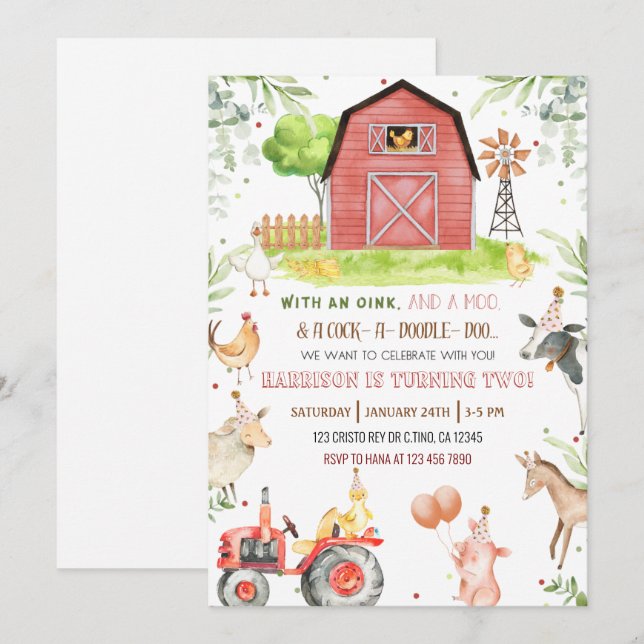  Farm Animals Boy Birthday Invation Invitation (Front/Back)