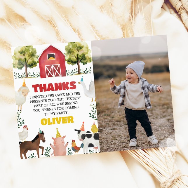 Farm Animals Boy Birthday Photo Thank You Card (Creator Uploaded)