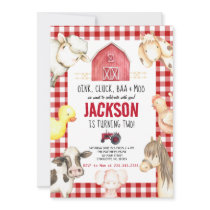 Farm Animals Boy Red Gingham Barnyard Birthday Inv Invitation