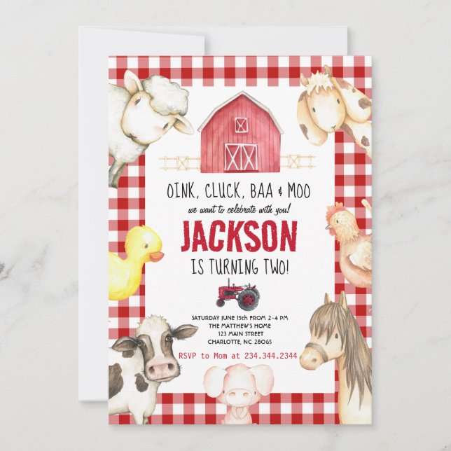 Farm Animals Boy Red Gingham Barnyard Birthday Invitation (Front)