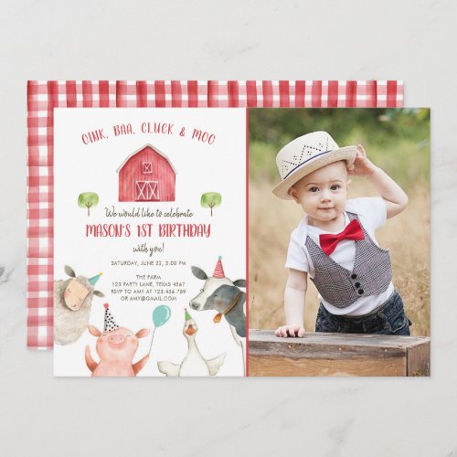 Farm Animals Boy Red Gingham Barnyard Birthday Invitation