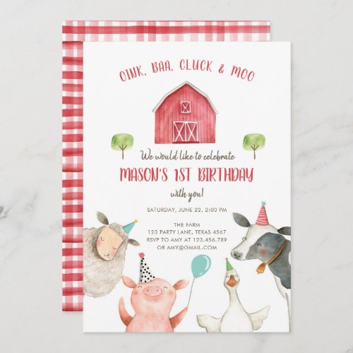 Farm Animals Boy Red Gingham Barnyard Birthday
