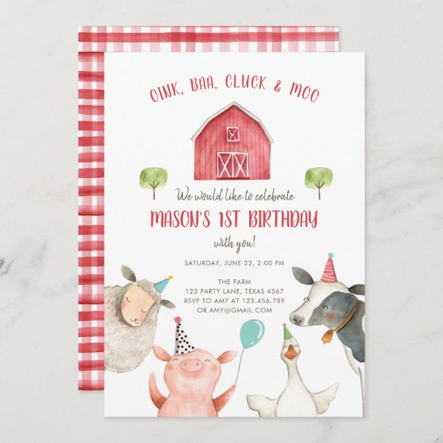 Farm Animals Boy Red Gingham Barnyard Birthday Invitation (Front/Back)