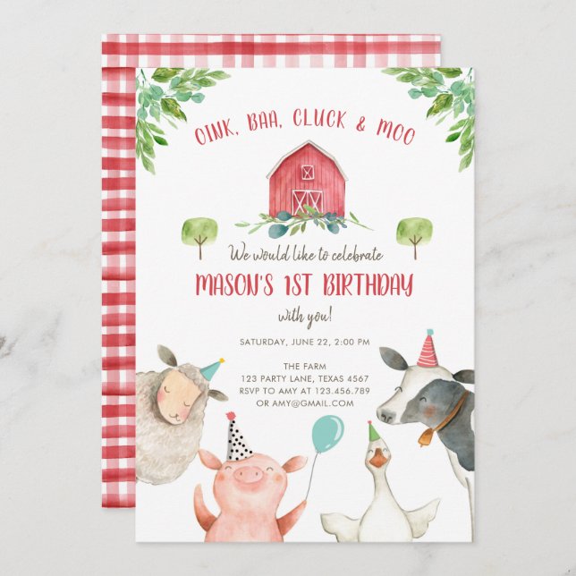 Farm Animals Boy Red Gingham Barnyard Birthday Invitation (Front/Back)