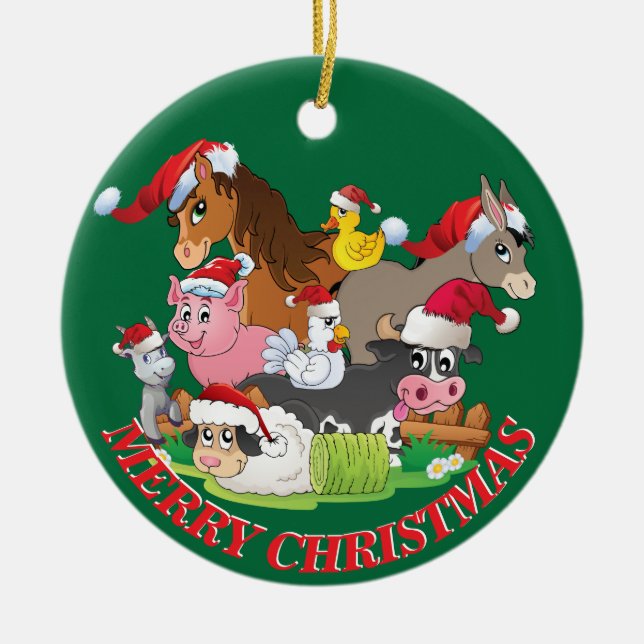 Farm Animals Christmas CUSTOM YOUR NAME AND DATE Ceramic Ornament (Front)