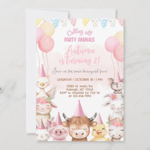 Farm animals close-up girl birthday invitation.