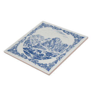 Farm Animals Countryside Scene Vintage Delft Blue Ceramic Tile
