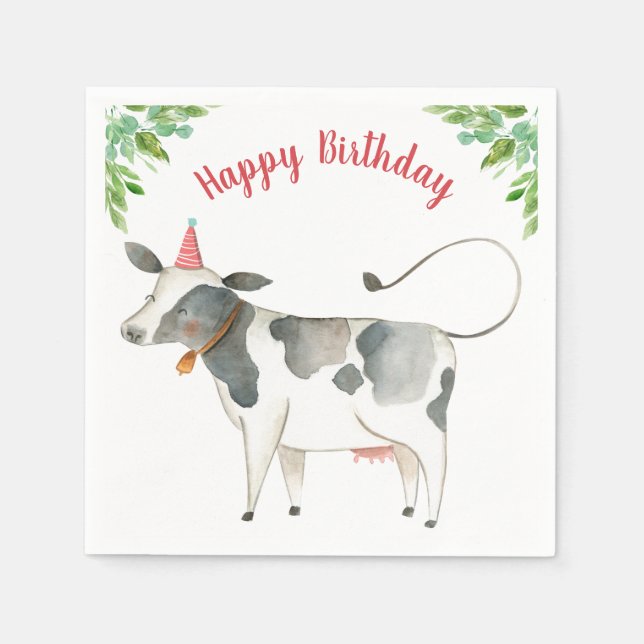 Farm Animals Cow Boy Birthday Barnyard Greenery Napkins (Front)