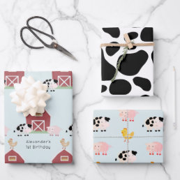Farm Animals &amp; Cow Pattern Blue Birthday Wrapping Paper Sheets