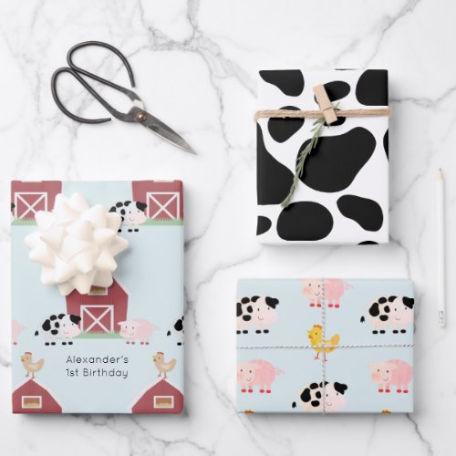 Farm Animals  Cow Pattern Blue Birthday Wrapping Paper Sheets