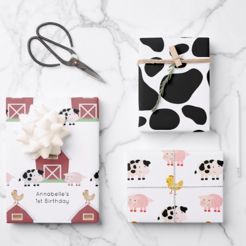 Farm Animals  Cow Pattern White Birthday Wrapping Paper Sheets