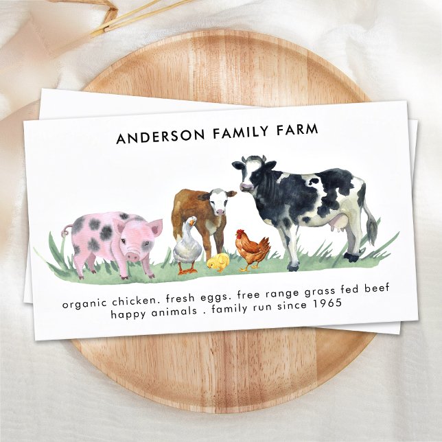 Farm Animals Cow Pig Chicken Duck Watercolor  Business Card (Creator Uploaded)