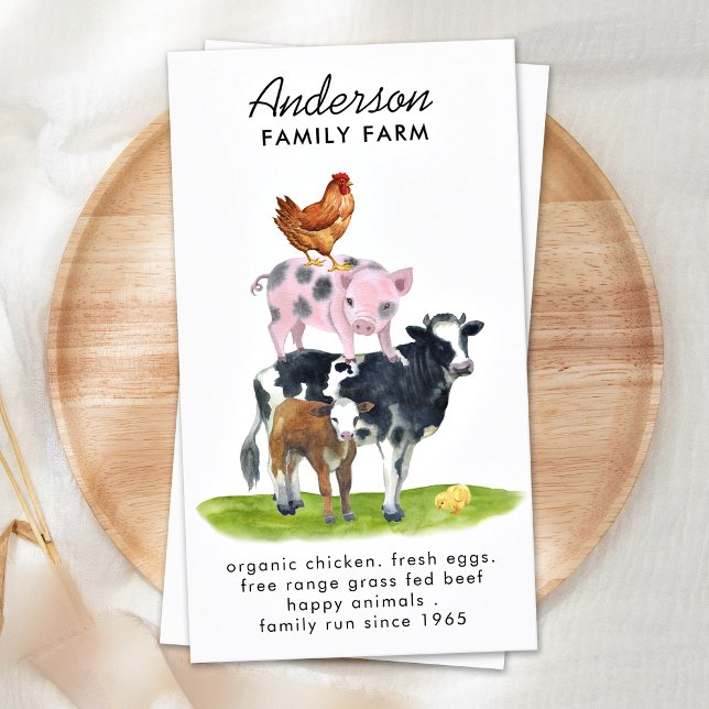 Farm Animals Cow Pig Chicken Watercolor  Business Card (Creator Uploaded)