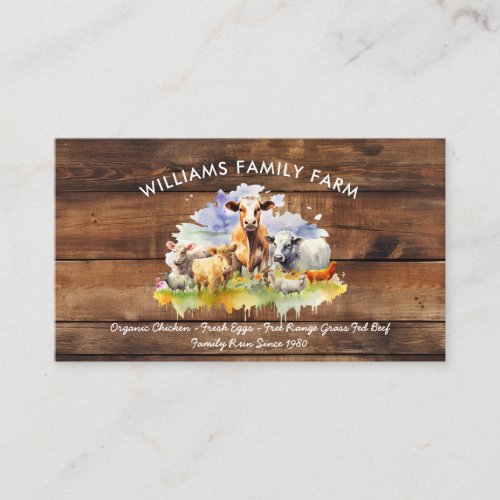 Farm Animals Cow Pig Chicken Watercolor Business Card