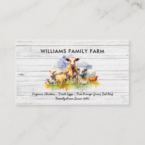 Farm Animals Cow Pig Chicken Watercolor Business Card