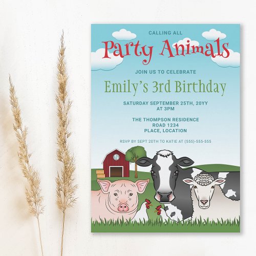 Farm Animals Cow Pig Sheep Kids Colorful Birthday Invitation