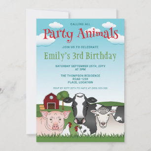 Farm Animals Cow Pig Sheep Kid's Colorful Birthday Invitation