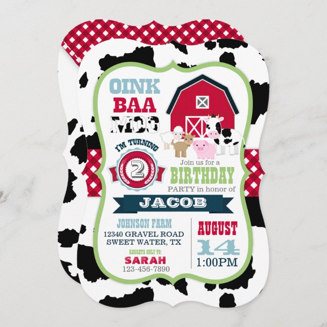 Farm Animals Cowhide Gingham Country Boy Birthday Invitation (Front/Back)