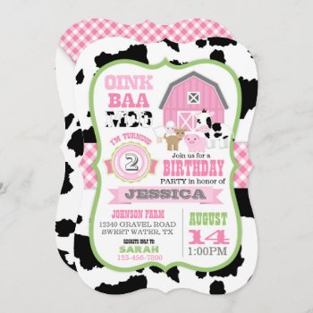 Farm Animals Cowhide Gingham Country Girl Birthday Invitation by NouDesigns at Zazzle