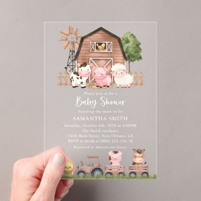 Farm Animals, Cute Animals, Barn, Baby Shower Acrylic Invitations (Insitu (Handheld))