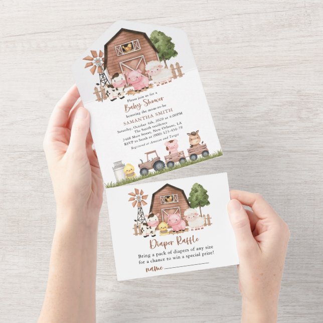 Farm Animals, Cute Animals, Barn, Baby Shower All In One Invitation (Tearaway)