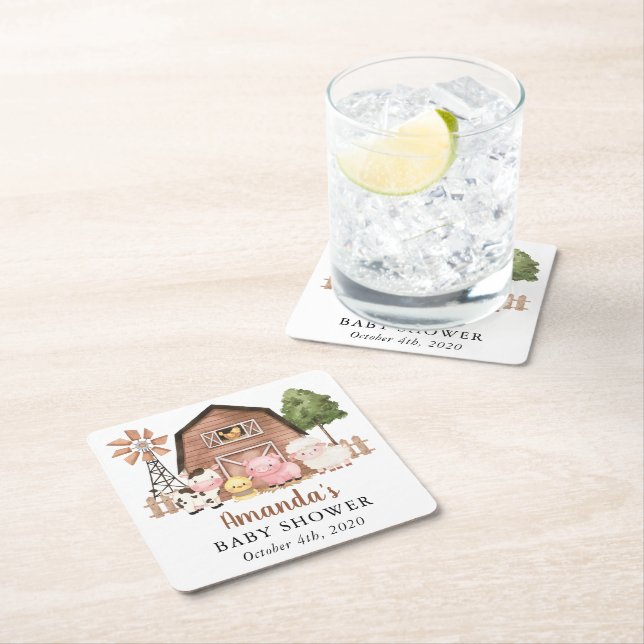 Farm Animals, Cute Animals, Barn, Baby Shower Square Paper Coaster (Insitu)