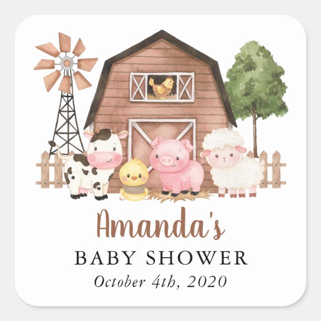 Farm Animals, Cute Animals, Barn, Baby Shower Square Sticker (Front)