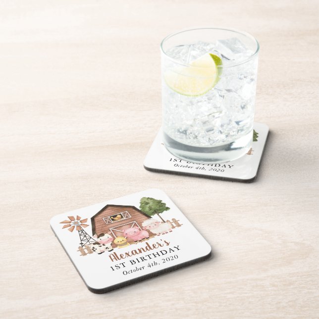 Farm Animals, Cute Animals, Barn, First Birthday Beverage Coaster (Right Side)