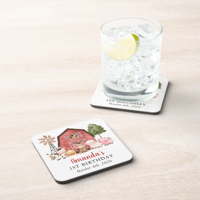 Farm Animals, Cute Animals, Barn, First Birthday Beverage Coaster (Right Side)