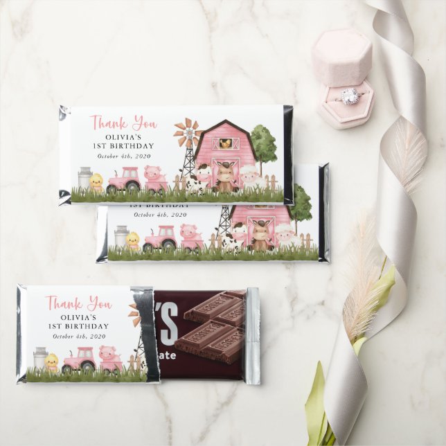Farm Animals, Cute Animals, Barn, First Birthday Hershey Bar Favors (Front)
