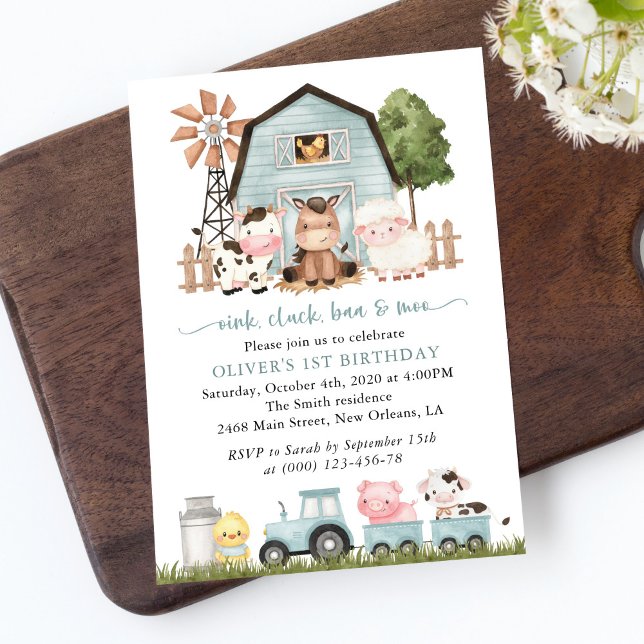 Farm Animals, Cute Animals, Barn, First Birthday Invitation (Creator Uploaded)