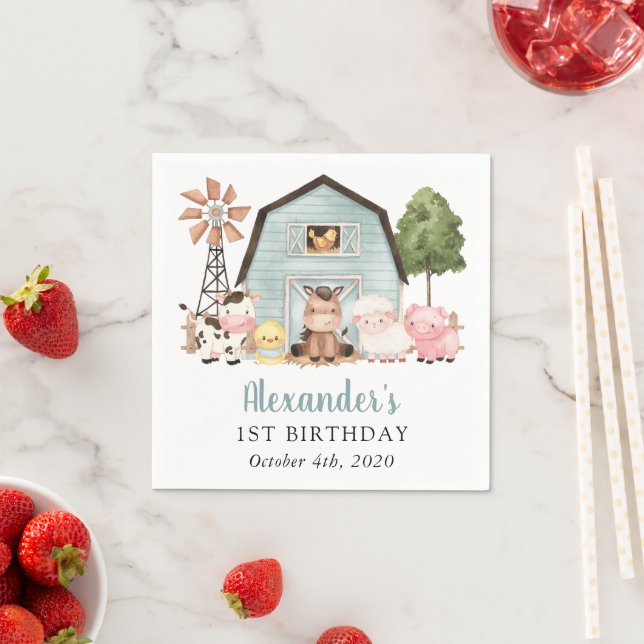 Farm Animals, Cute Animals, Barn, First Birthday Napkins (Insitu)