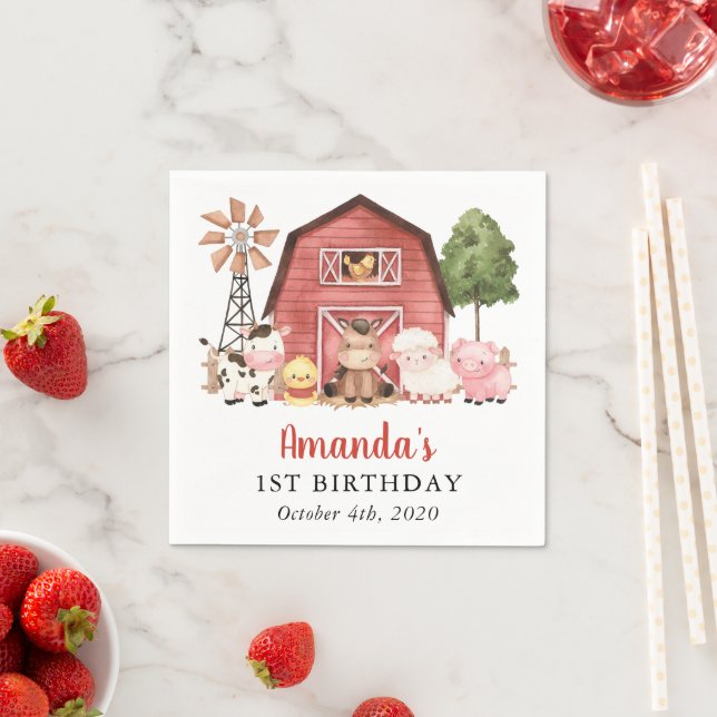 Farm Animals, Cute Animals, Barn, First Birthday Napkins (Insitu)