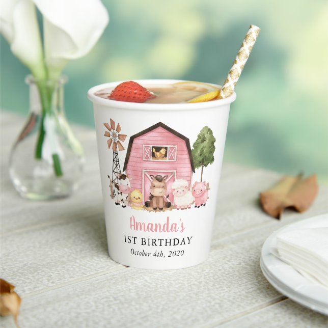 Farm Animals, Cute Animals, Barn, First Birthday Paper Cups (Insitu)